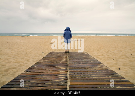 Boardwalk across the sand dunes to the beach at Cap Ferret on the Atlantic south west coast of France out of season Stock Photo