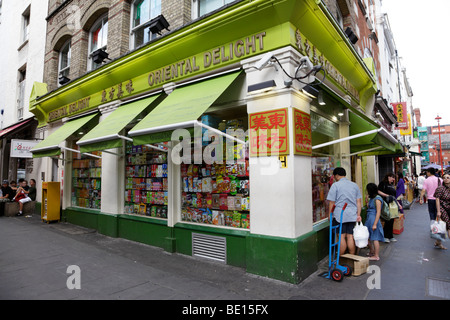 facade of oriental delight a shop selling traditional chinese food gerrard street chinatown soho london uk