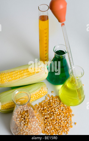 Bio fuel concept with corn and chemicals Stock Photo