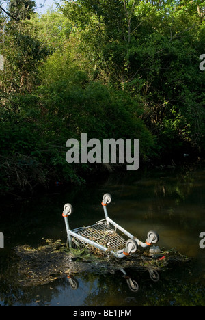 Supermarket shopping trolley dumped in a river Stock Photo