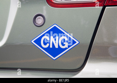 A close up of CNG (compressed natural gas) stickers on a Honda Civic natural gas vehicle (NGV). Palo Alto, California, USA Stock Photo