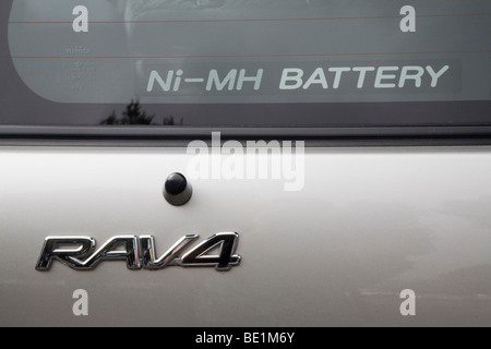 Close up of Toyota RAV4 electric vehicle with a Ni-MH battery (Nickel-Metal Hydride) sticker. Palo Alto, California, USA Stock Photo