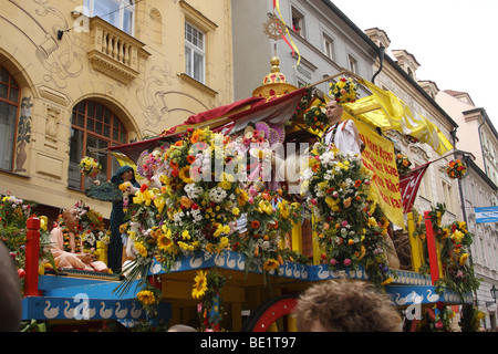 Hare Krishna procession. Old town in Prague. Czech Republic. Stock Photo