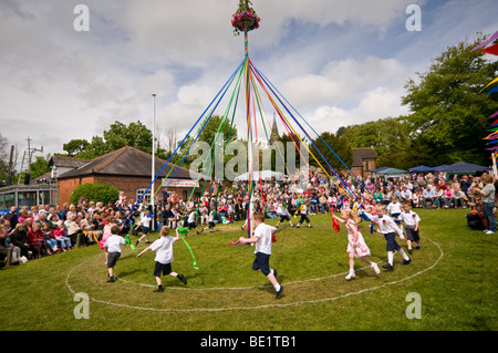 Children Performing a Maypole Dance, Whitegate, Cheshire, England, UK Stock Photo