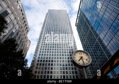 Clock at Canary Wharf in London Docklands financial district Stock Photo