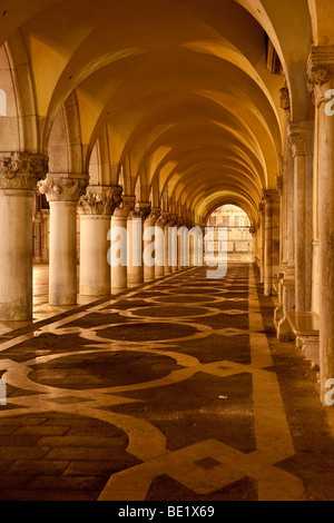 Arched ceiling and columns at night, Ducal Palace, Venice Italy Stock Photo