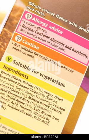 Breakfast cereal food packet packaging label with allergy advice gluten and nuts Stock Photo