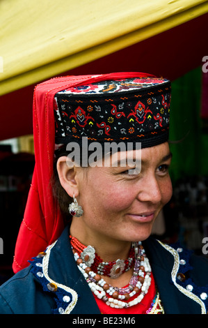 Portrait of a Tajik woman wearing a traditional Tajik hat. Stock Photo