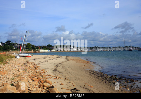 View of port and La Trinite Sur Mer from Plage du Port, La Trinite Sur Mer, Morbihan, Britanny, France, Europe Stock Photo