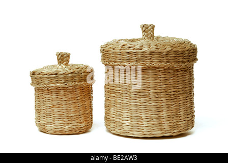 Two wattled baskets isolated on white background Stock Photo