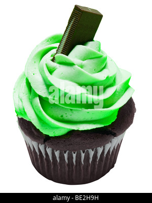 Mint chocolate cupcake with chocolate bar on top. Stock Photo