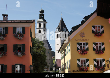 View from the historic centre to the St Andreas parish church and Liebfrauenkirche Church, Kitzbuhel, Tyrol, Austria, Europe Stock Photo