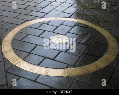 Golden Compass landmark,  underneath Michaels Gate listing the distance to various major cities, Bratislava, Slovakia Stock Photo