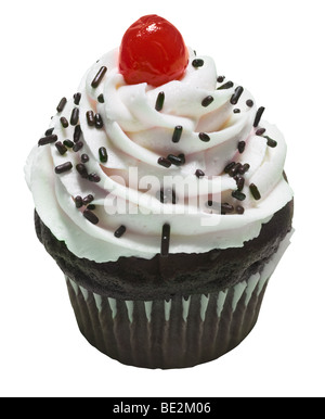 Chocolate Cupcake with Sprinkles and Cherry on top. Stock Photo