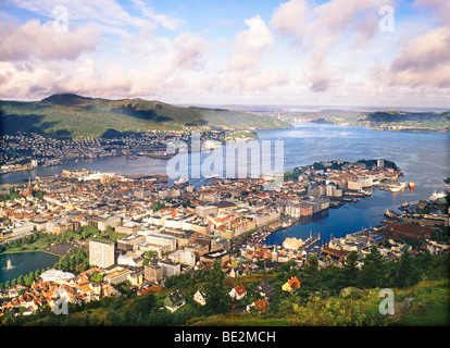 From the mountain Floyen to the old town of Bergen, Norway, Scandinavia, Europe Stock Photo