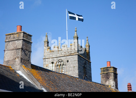 St Piran's Flag, church tower, St Just in Penwith, Cornwall, England, UK. Stock Photo