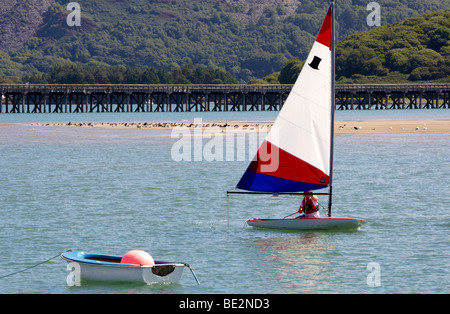 Sail training school - group learning to sail on the Mawddach estuary at Barmouth, a resort in Gwynedd, Wales Stock Photo