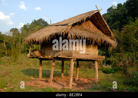 Isolated hut made of bamboo with a thatched roof on stilts in the wild, Nam Lan Conservation Area, Boun Tai district, Phongsali Stock Photo