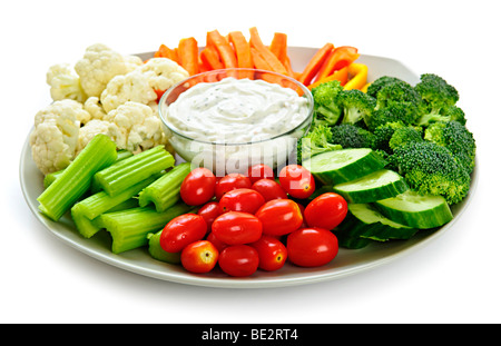 Platter of assorted fresh vegetables with dip Stock Photo