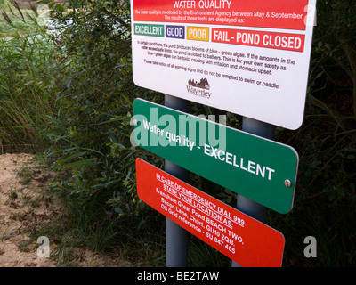 Water quality signs at Frensham Great Pond. Bacon Lane, Churt, Near Farnham, Surrey. UK. Stock Photo