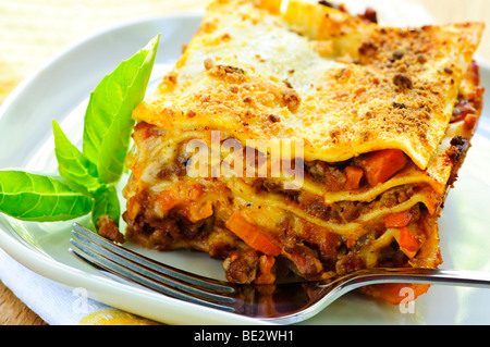 Serving of fresh baked lasagna on a plate Stock Photo