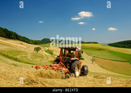 Tractor making hay on meadows in the Swiss Central Plateau, canton of Aargau, Switzerland, Europe Stock Photo