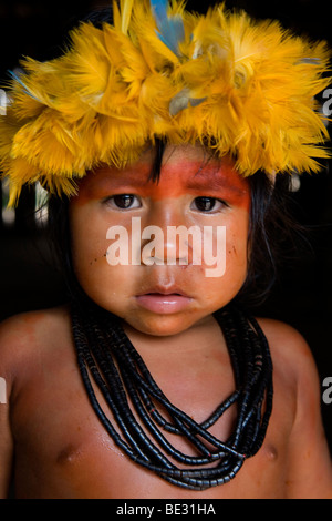 Children of the Xingu Indian go to school built in the village by the ministry of education. It is tradition to go in traditiona Stock Photo