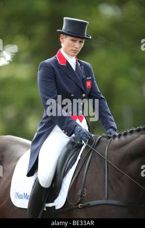 Zara Phillips prepares to compete in the dressage stage at Burghley Horse Trials. Stock Photo