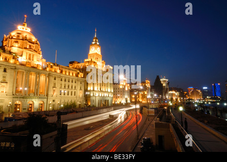 The illuminated Bund promenade at night, avenue in Shanghai, with HSBC Building, and China Merchants Bank Building, China, Asia Stock Photo