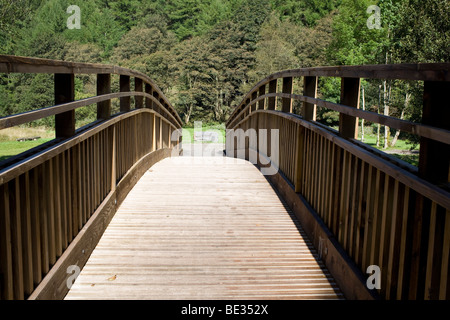 Afan forest park, wooden footbridge over river close to the visitor centre Stock Photo