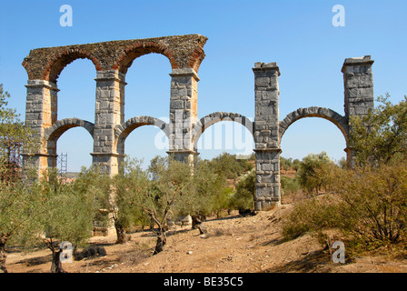 Archaeology, long double-arched Roman aqueduct in an olive grove, near Moria, Lesbos, Aegean Sea, Greece, Europe Stock Photo