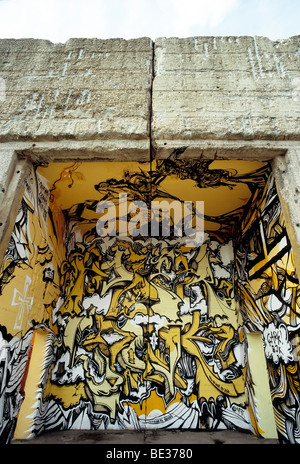 Graffiti-art on the building remains of a former steel mill, street art, Rheinpark, Duisburg-Hochfeld, Ruhr Area, North Rhine-W Stock Photo