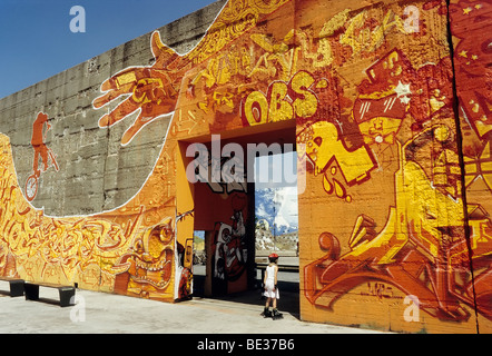 Entrance to the skate park, concrete wall of a former steel mill with large graffiti art, Rheinpark, new city district on the R Stock Photo