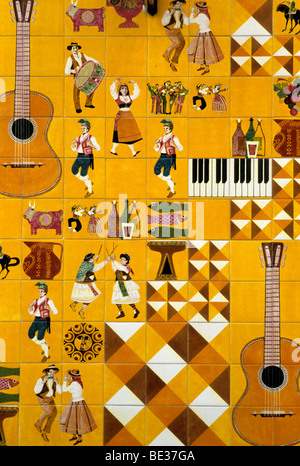 Tile facade, motifs from dance and music, Barrio Alto, Lisbon, Portugal, Europe Stock Photo