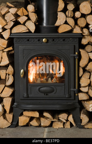 Wood burning stove surrounded by chopped and stacked firewood ready for burning Stock Photo