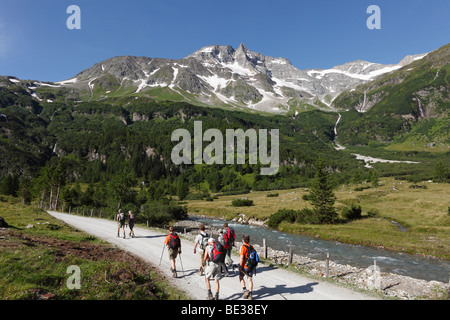 Group of hikers in front of Hoher Sonnblick mountain, Goldberg Group, Hohe Tauern National Park, view from the Kolm-Saigurn in  Stock Photo