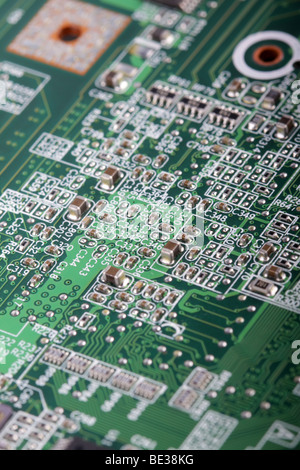 Macro view of a motherboard showing all the detalis of the circuitry. Stock Photo