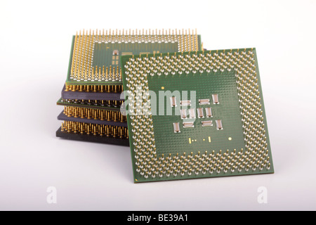 Stack of several central processing units of various types and shapes. Stock Photo