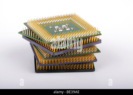 Stack of several central processing units of various types and shapes. Stock Photo