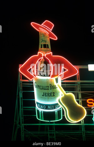 Tio Pepe, neon sign on the central square of Plaza Puerta del Sol at Night, Madrid, Spain, Europe Stock Photo