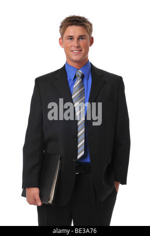 Confident young businessman holding a folder isolated on white Stock Photo
