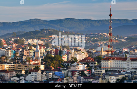 View over the rooftops of Dalat with the 'Dalat Eiffel Tower', Central Highlands, Vietnam, Asia Stock Photo