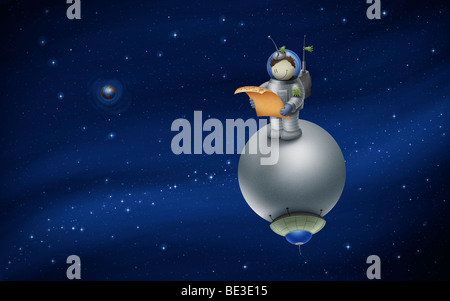 Illustration of a cartoon astronaut in outer space. Stock Photo