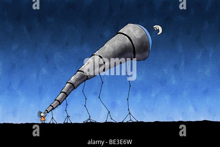 Illustration of a child looking at the moon through a telescope. Stock Photo