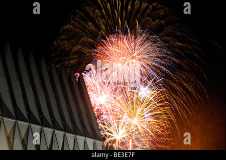 Fireworks explode over the Air Force Academy Cadet Chapel. Stock Photo