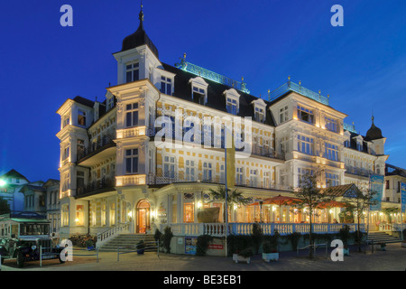 Ahlbecker Hof Hotel, spa-style architecture, at dusk, Ahlbeck seaside resort, Usedom Island, Mecklenburg-Western Pomerania, Ger Stock Photo