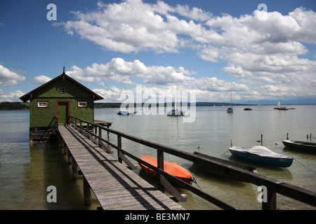 Boathouse on Ammersee lake, Schondorf, Upper Bavaria, Bavaria, Germany, Europe Stock Photo