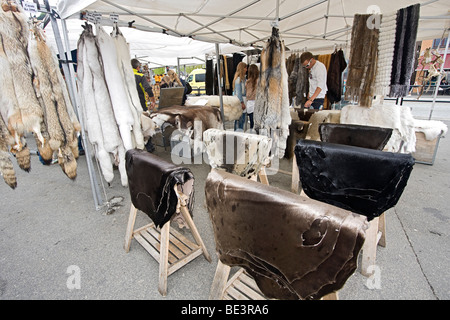 Seal skin and fur for sale along the waterfront in Bergen, Norway. Stock Photo