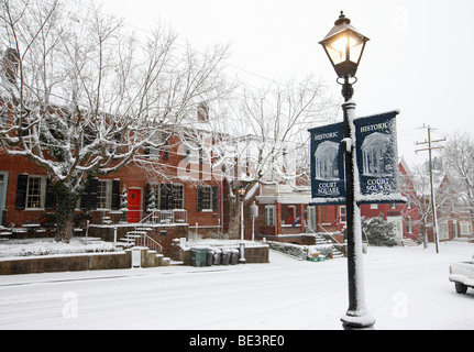 Historical court square covered with snow fall in Charlottesville, Va. Stock Photo