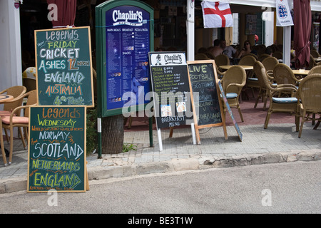 British bar , overlooking the marina, in Cala'n Bosc, Menorca, Spain. Stock Photo